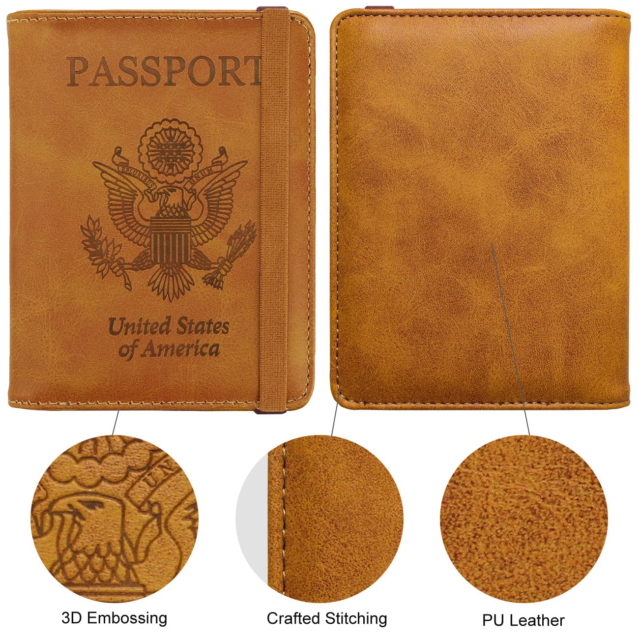 WALNEW Passport Holder for Travel, RFID Passport Cover Wallet for Women Men, PU Leather Passport Book Card Holder Case with Pen (Elastic Band Closure, AA-Brown+Rosegold)
