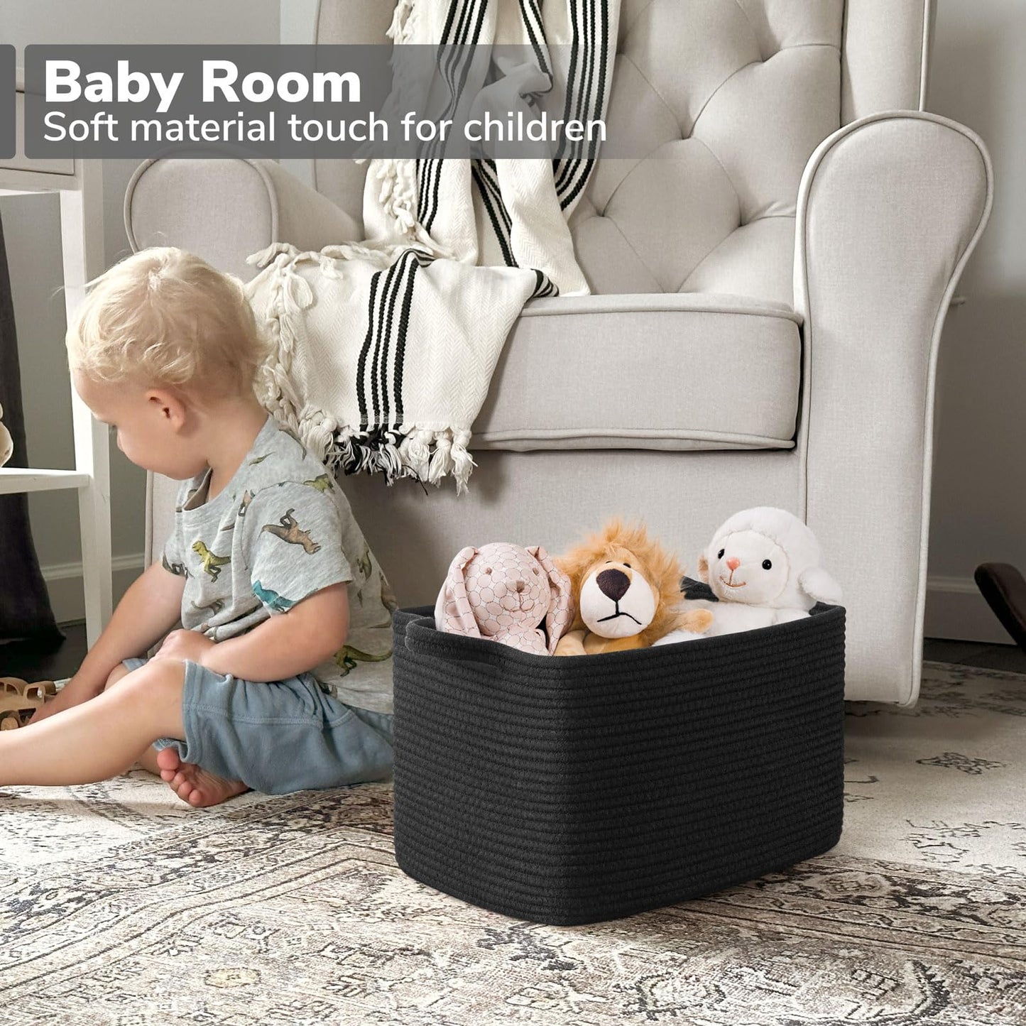 Goodpick Woven Storage Baskets for Organizing, Cotton Rope Organizer for Living Room Bedroom, Black Laundry Basket with Handles, Stylish Gift Baskets for Baby Boys, 13"x10"x9"