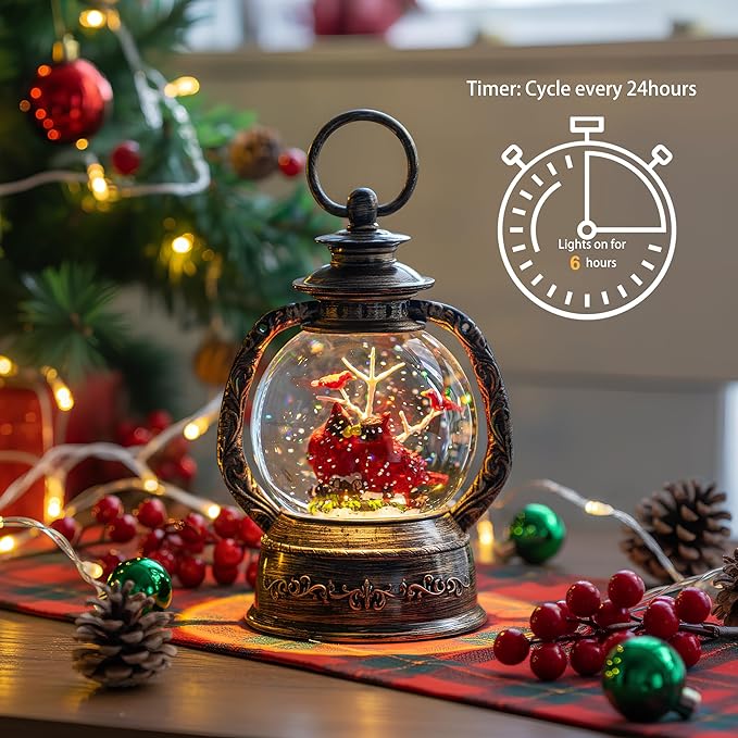 Christmas Snow Globe Lantern Water Glittering Cardinal with Music, USB Lined/Battery Operated Lighted Lantern for Christmas Festival Decoration Gifts