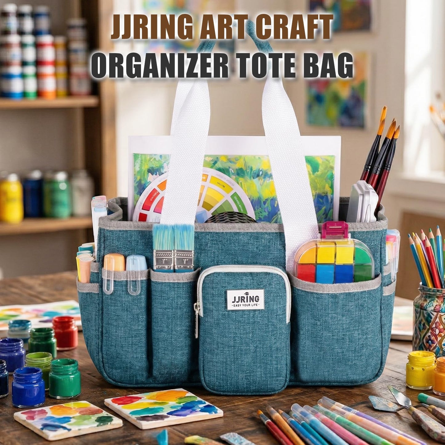 Jjring Craft Organizer Tote Bag, Portable Art Caddy with Adjustable Divider&Secure Zipper Pocket, Large Foldable Storage Tote for Scrapbooking, Sewing, Artist and Home(Green)