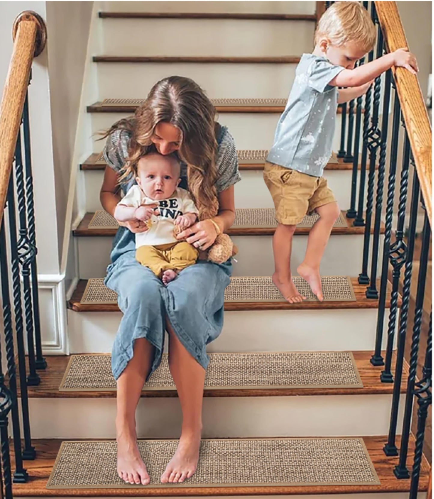 GROWLING Linen Stair Treads for Wooden Steps Indoor 30x8 inch, 15pcs Upgraded Self Adhesive Backing Non Slip Stair Carpets, Peel and Stick Stair Runner Rugs, Reusable Staircase Step Treads(Beige)
