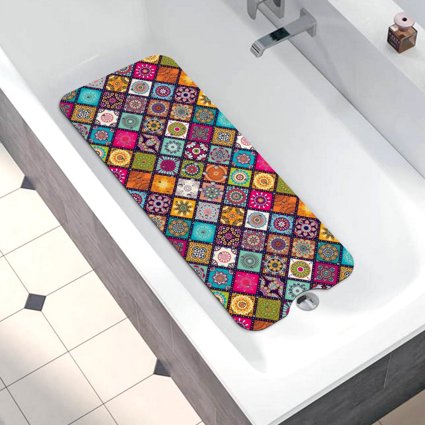 Bathtub Mat Non Slip, Bohemia Extra Long Bath tub Mat Shower Floor Mat with Suction Cups and Drain Holes for Adults Kids Elderly 40 X 16 Inch