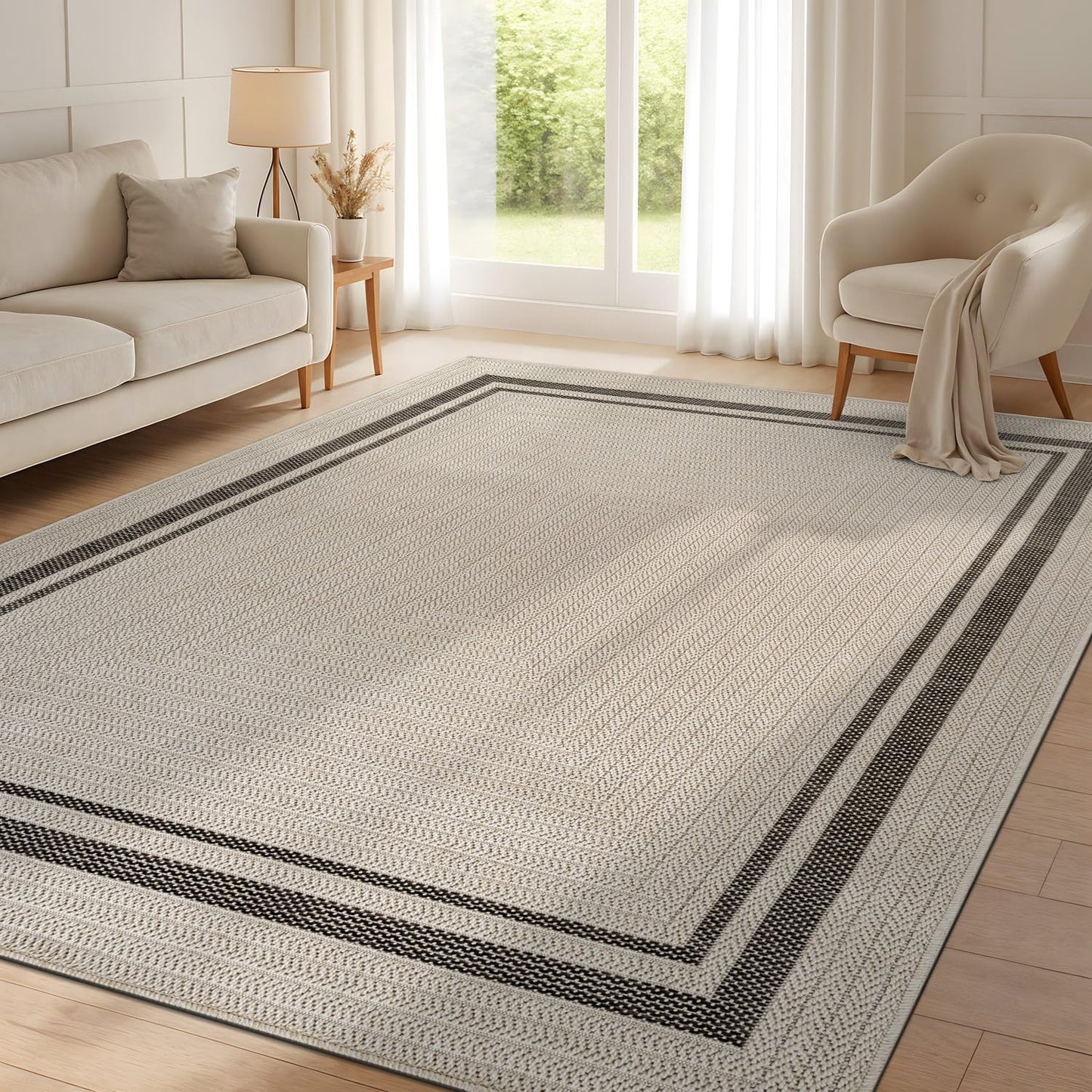 Beverly Rug Easy Jute Bordered Rug 8x10 Washable Durable Indoor Outdoor Area Rugs for Living Dining Room Patio Office Stain Resistant Non Shedding Casual Indoor Outside Carpet 8 x 10 Off-White