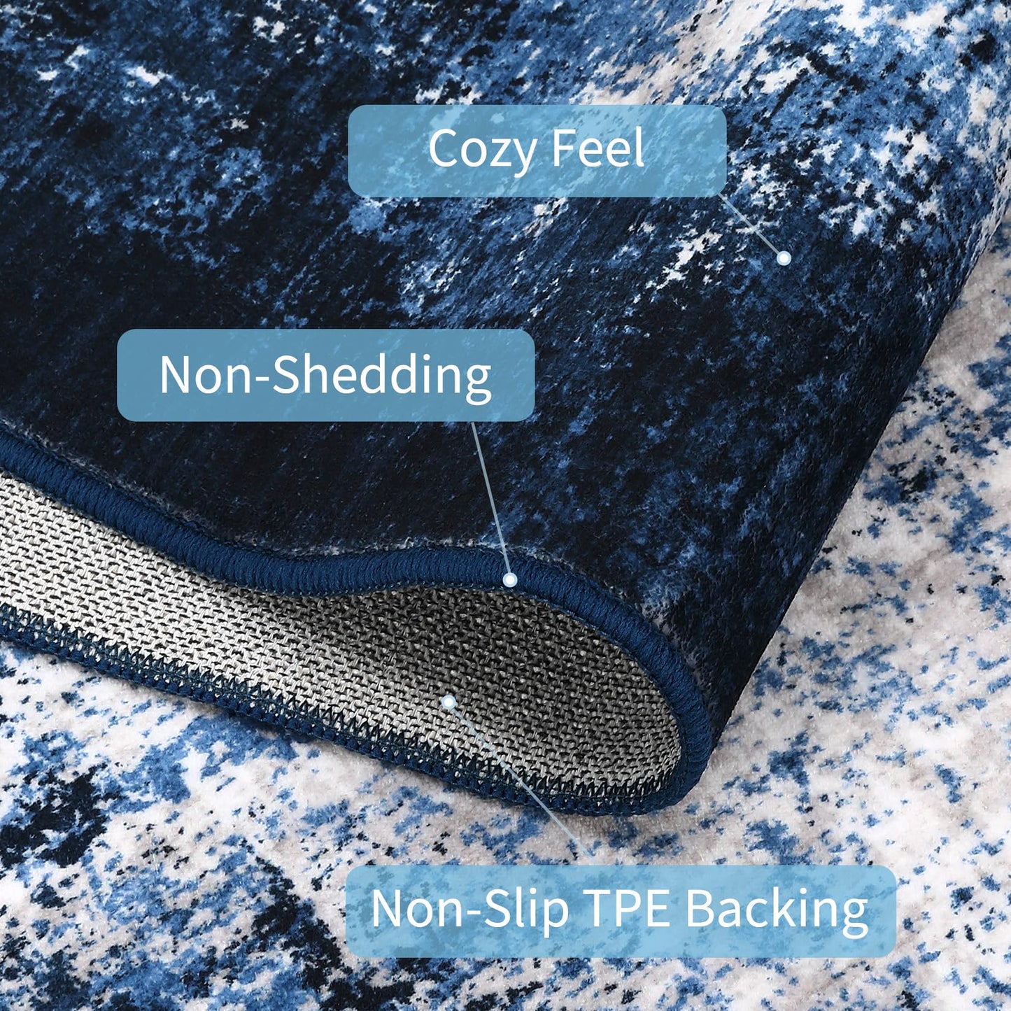 GarveeHome Machine Washable Runner Rugs 2x6 Non-Shedding Abstract Hallway Rug with Non-Slip Backing, Foldable Contemporary Low Pile Floor Cover for Bedroom, Laundry, Blue