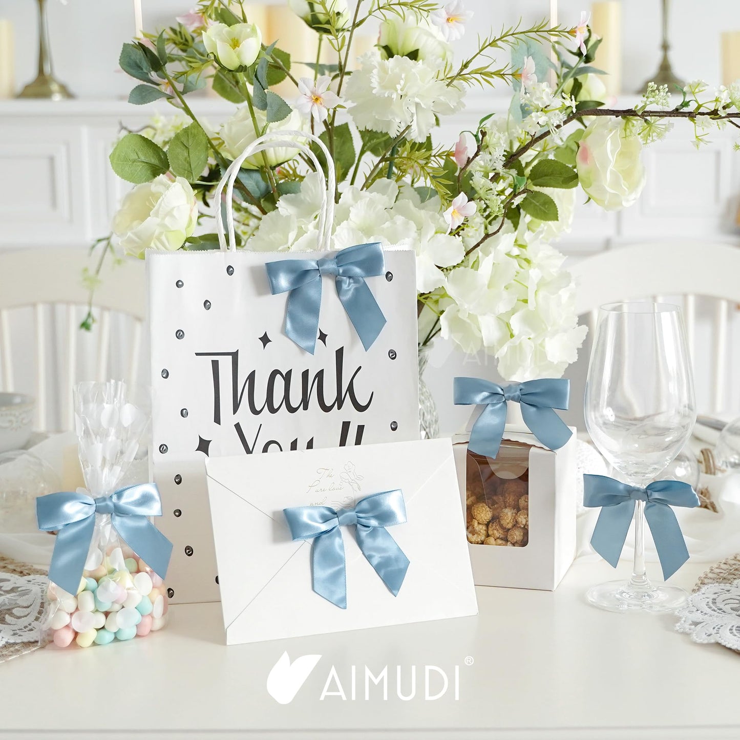 AIMUDI Dusty Blue Satin Ribbon Bows 3.5" Pre-Tied Twist Tie Bows for Treat Bags Gift Wrapping Cake Pop Goodie Bags Party Wedding Baby Shower Favor - 50 PCs