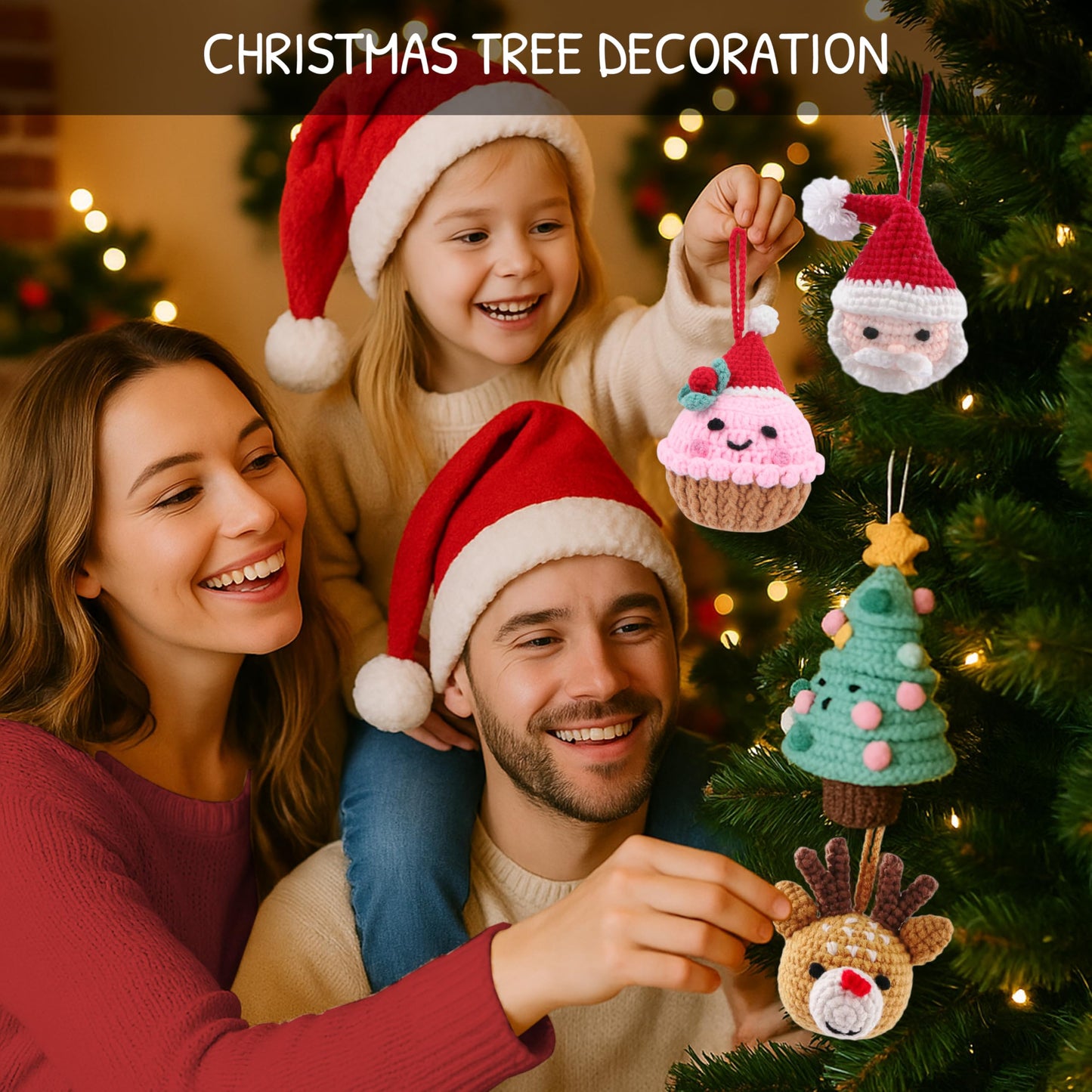HOUSE CREATIVITY Christmas Crochet Kit for Beginners – Make Santa Claus & Reindeer Ornaments, Amigurumi Crochet Starter Kit with Video Tutorial, Yarn & Hook, DIY Holiday Tree Decor Gift