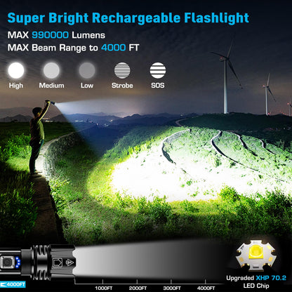 ANKRA 90000LM High Lumen Rechargeable LED Flashlight, High Lumens XHP70.2, 10 Modes Zoomable,Waterproof,USB Output Power Bank,Tactical Flashlight for Camping,Hiking,Emergencies (2-Pack)