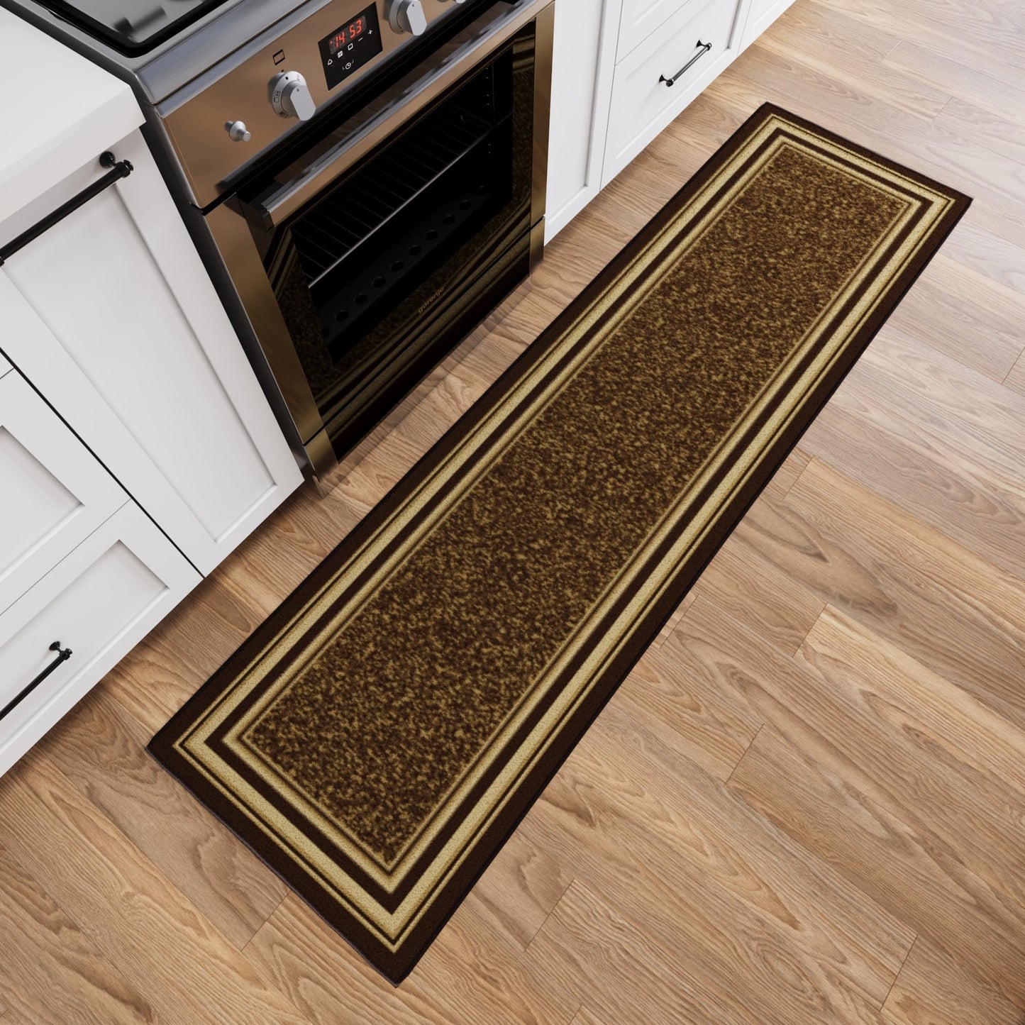 Ottomanson Runner Rug 1'10" x 6' – Non Slip Rubber Backed Kitchen Rug for Sink Area, Hallway Carpet Runner, Low Pile Indoor Runner Rug for Laundry Room and Entryway, Border Brown