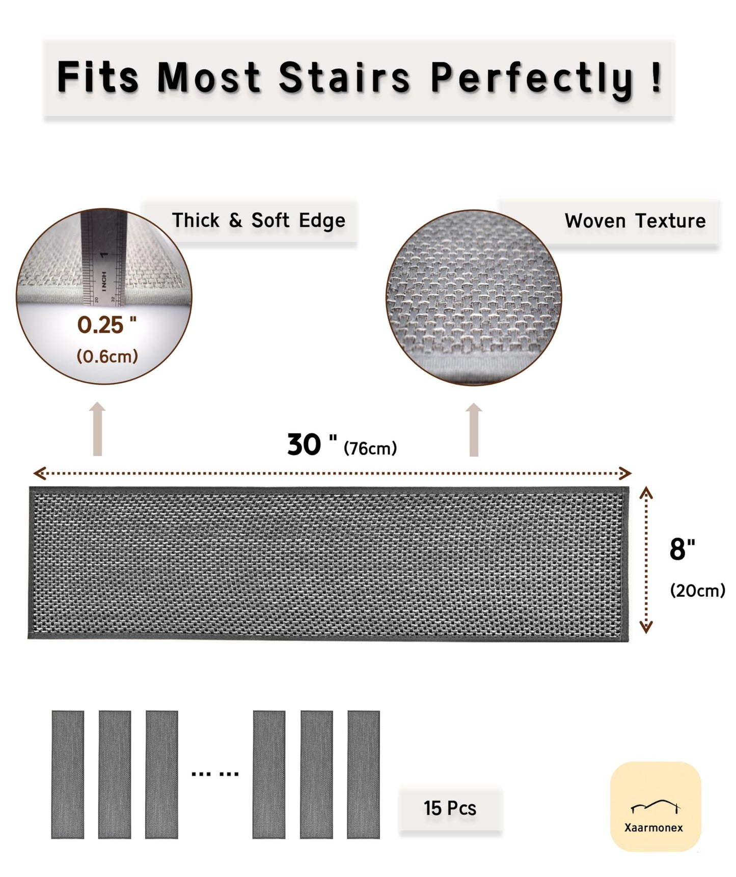 Xaarmonex Natural Linen Stair Treads for Wooden Steps, 15 Pcs 8" x 30",Non Slip Stair Runner, Peel and Stick Carpet Indoor for Kids Elders and Pets (15, Black, 8" x 30")