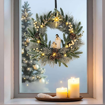 YULETIME 20" Pre-Lit Nativity Wreath, Battery Operated with 10 Fairy Lights, Holy Family Nativity Statue, Star of Bethlehem, Pine Cones, White Mistletoe, Frosted Spruce Branches (Nativity Frosted)