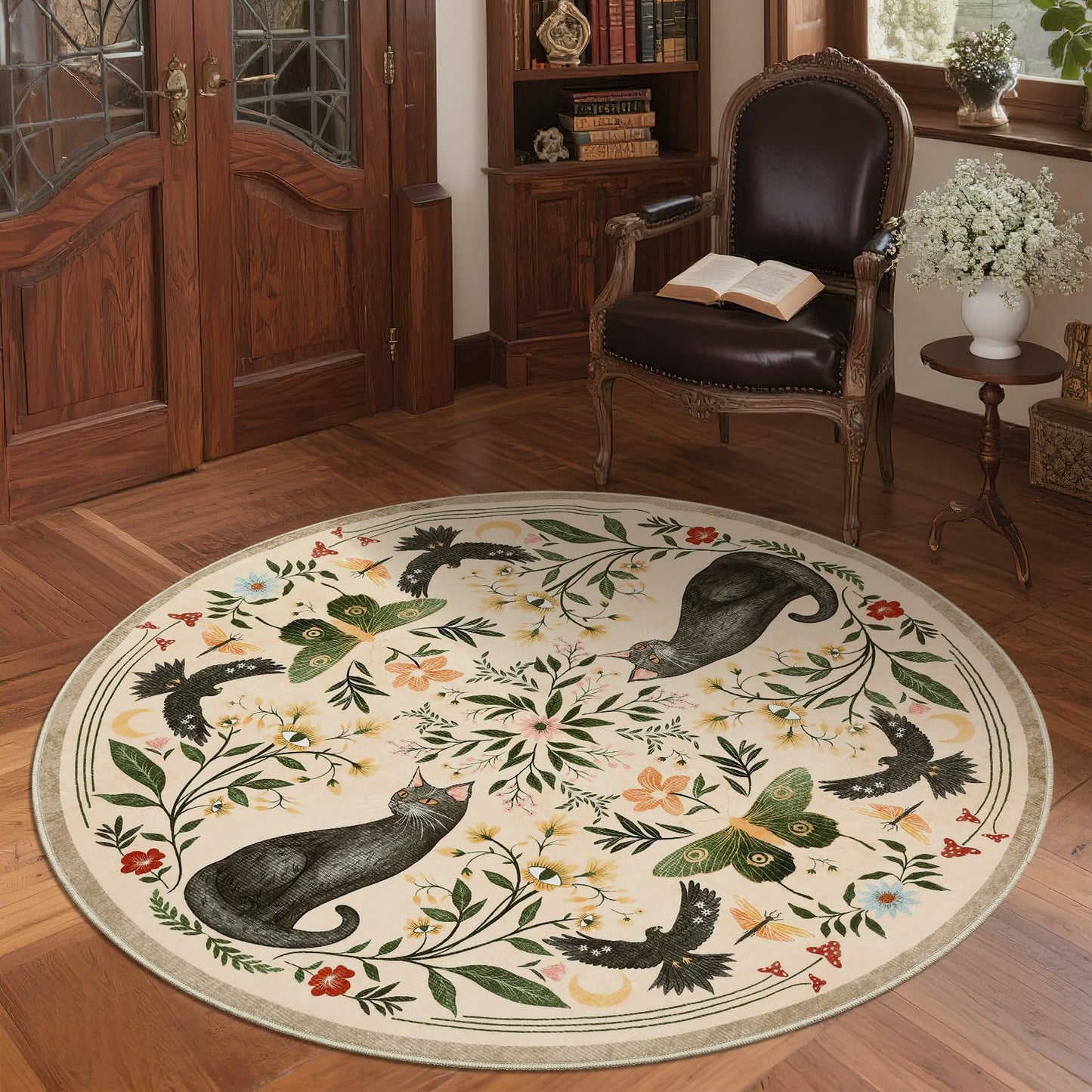GarveeHome Round Area Rugs 5ft for Bedroom, Cat Beige Washable Circle Rug Soft Non Slip Mushroom Floral Floor Mat Carpet Indoor Thin Rug for Bedroom Dining Room Playroom Nursery Gothic Decor