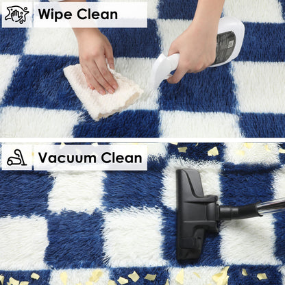 KICMOR Navy Blue and Cream White Rugs for Living Room, 4x6 Fluffy Fuzzy Shag Checkered Rug Shaggy Carpet for Bedroom, Soft Plush Area Rug for Nursery Toddler Room Classroom Study Room Kids Room