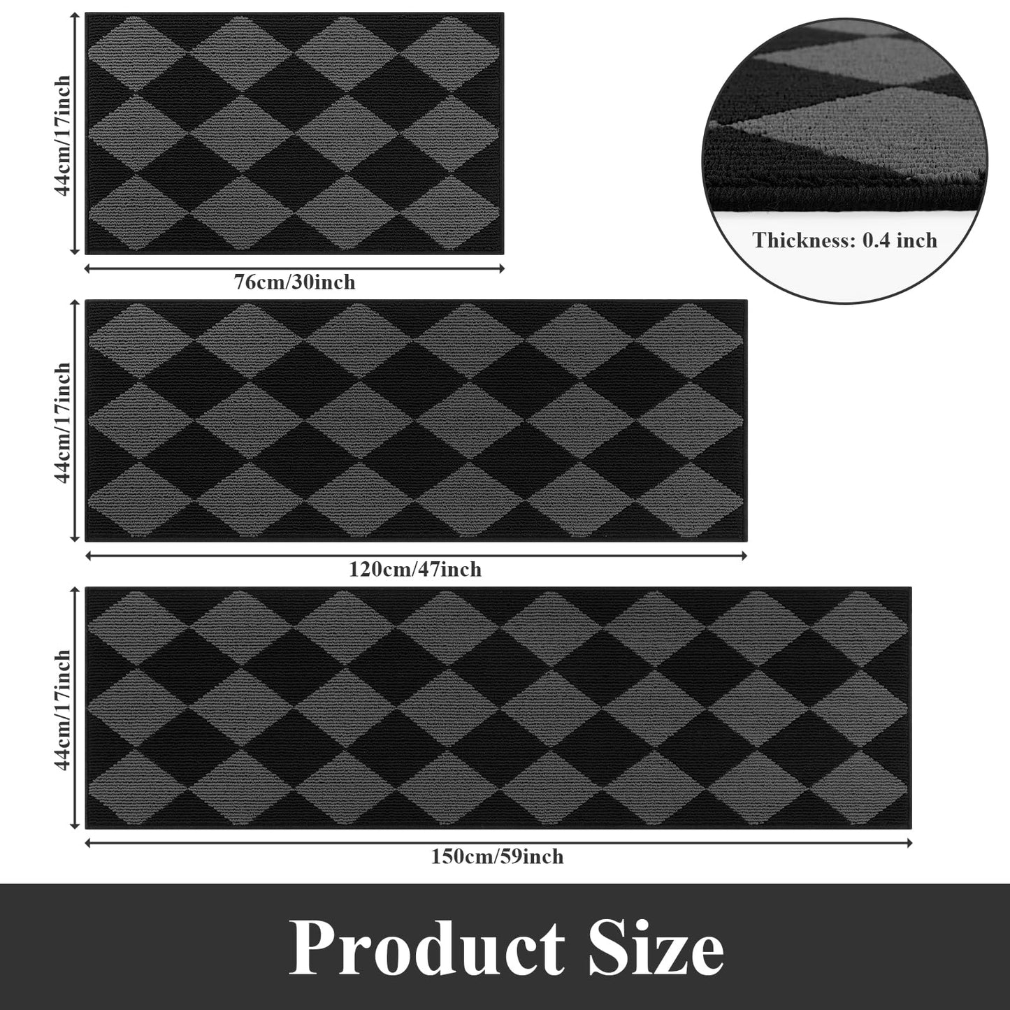 SHACOS 3Pcs Kitchen Rug, Checkered Kitchen Mat for Floor, Washable Non Slip Runner Rug for Hallway Entryway, Kitchen Runner Set for Kitchen, Front of Sink (17"x30"+17"x47"+17"x59", Black/Grey)