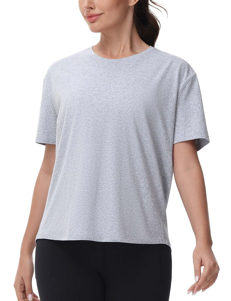 THE GYM PEOPLE Women's Short Sleeve Workout T-Shirts Back Loose Fit Running Yoga Tee Tops Heather Grey