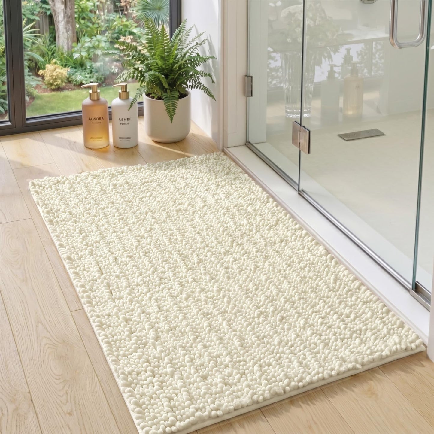 DEXI Bathroom Rugs 24x43, Super Soft Thick Chenille Absorbent Bath Mat, Non Slip Machine Washable Fluffy Shag Bathmat for Tub, Shower Floor, Ivory