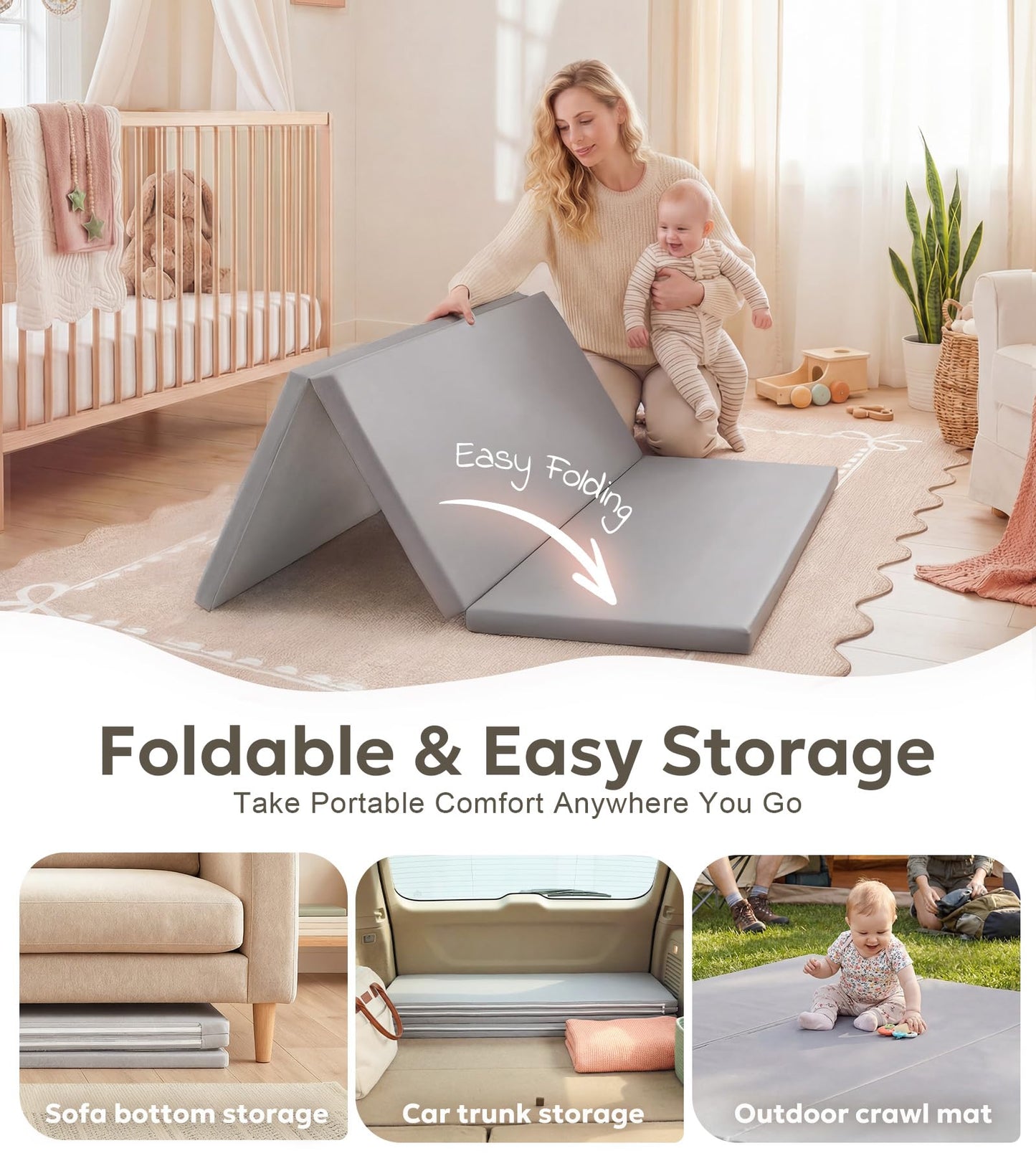 Mallify Foldable Baby Play Mat, 50''x50'' Waterproof Thicken Foam Vegan Leather Playpen Mat for Infants and Toddlers, Portable Baby Mat for Floor, Grey