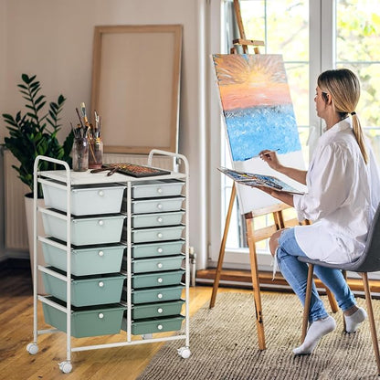 GOFLAME 15-Drawer Rolling Storage Cart, Craft Storage Cart with Removable Drawers & Lockable Wheels, Art Cart Supply Storage Organizer for Home Office Classroom, Green Gradient