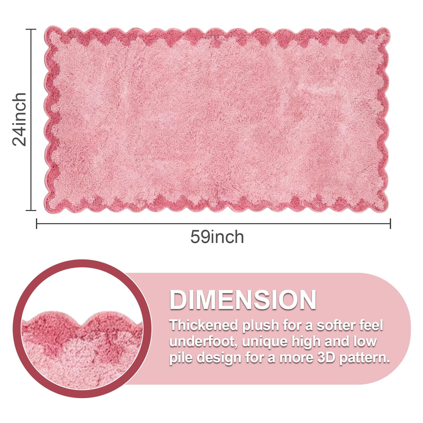 ORTIGIA Long Cute Scalloped Bathroom Rugs Runner, Fun CandyPink Plush Microfiber Scallop Bath Mats Non Slip Washable Quick Dry Absorbent, Rug Carpet for Bathtub Sink Laundry Room Bedroom, 24x59