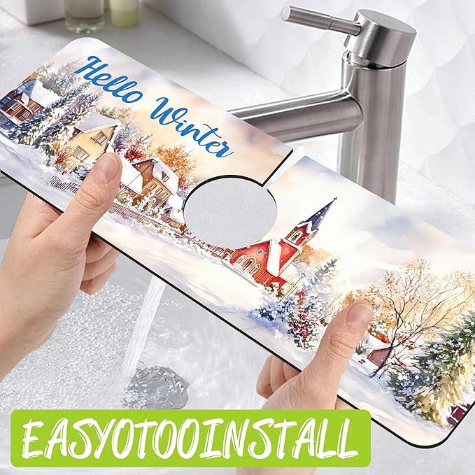 Chrismas Sink Faucet Absorbing Mat Hello Winter Sink Splash Guard Drying Mat