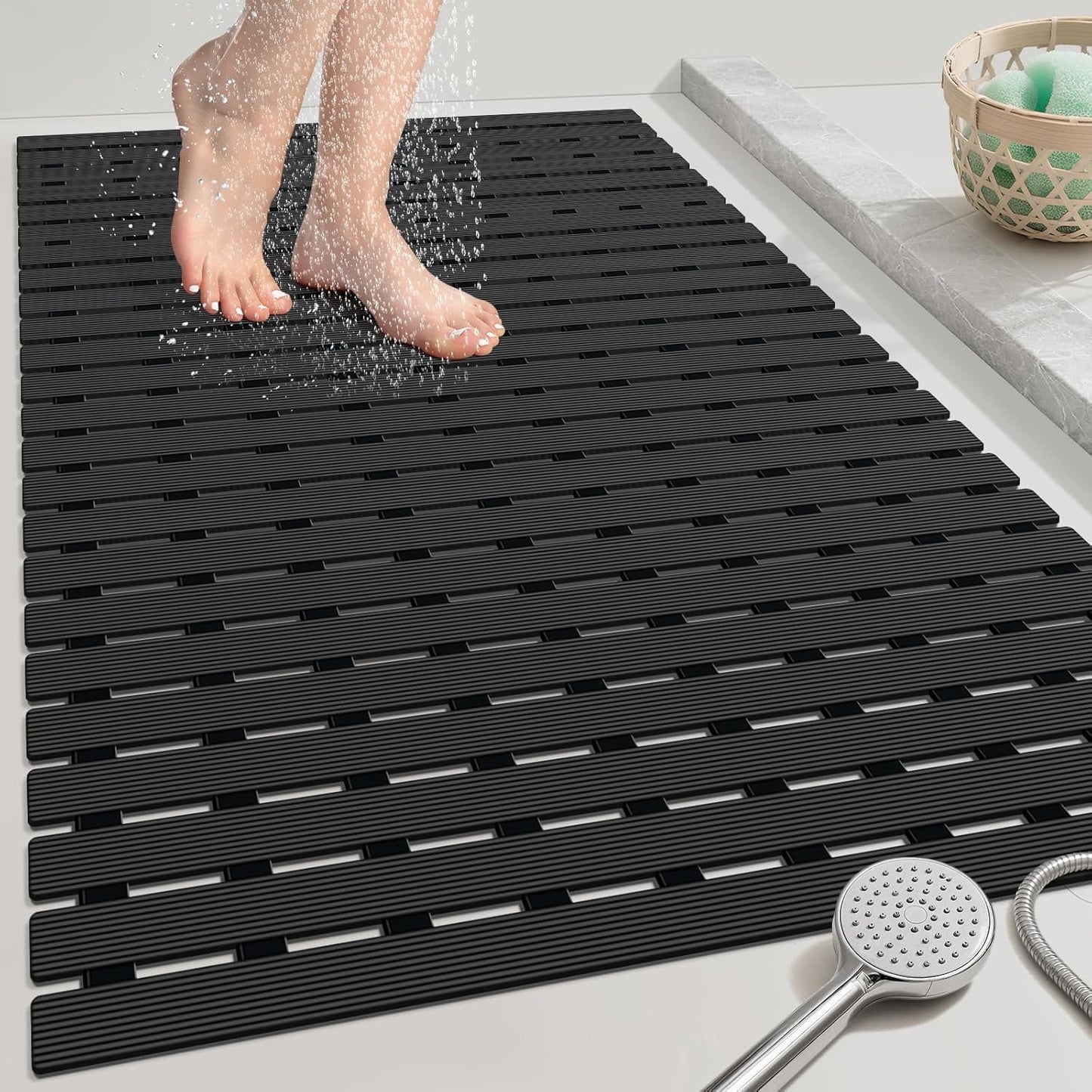 OTHWAY Large Shower Mat, 35.4 x 24 Inch No Suction Cup Shower Mat Non Slip, Quick Drain Non Slip Shower Mats for Inside Shower, Heavy Duty Curlable PVC Stand up Shower Floor Mat, Black