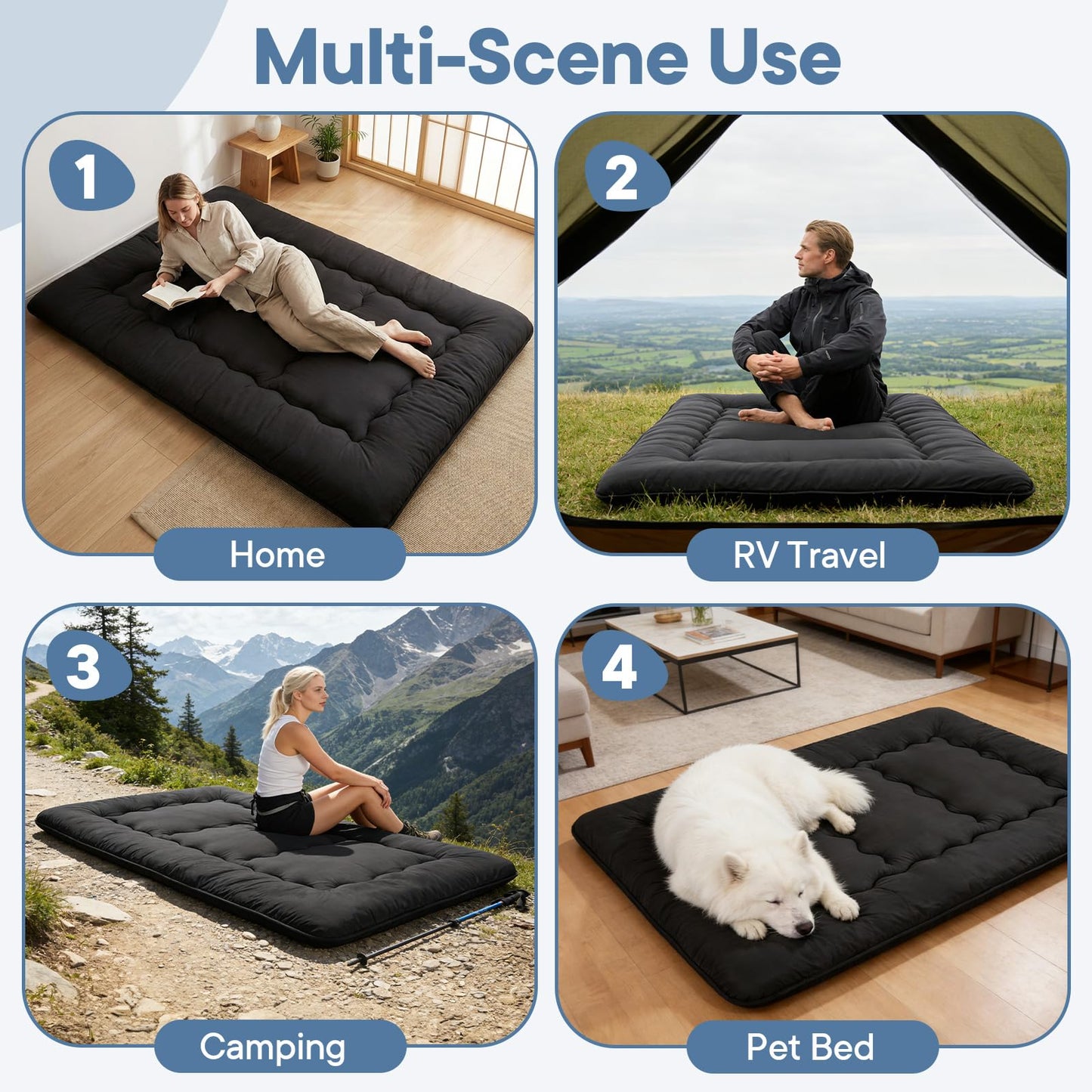 DUMOS Japanese Floor Mattress Queen Size, Futon Mattress Foldable with Removable Washable Cover, Portable Roll Up Tatami Mat for Small Bedroom, Couples, Family Movie Night and Home Use, Black