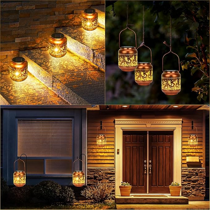Butterfly Solar Lanterns Outdoor Hanging, Waterproof Metal Solar Lights Outside for Garden Porch Yard Patio Pathway Tabletop Landscape Decor, LED Lantern Gifts for Women Mom Grandma