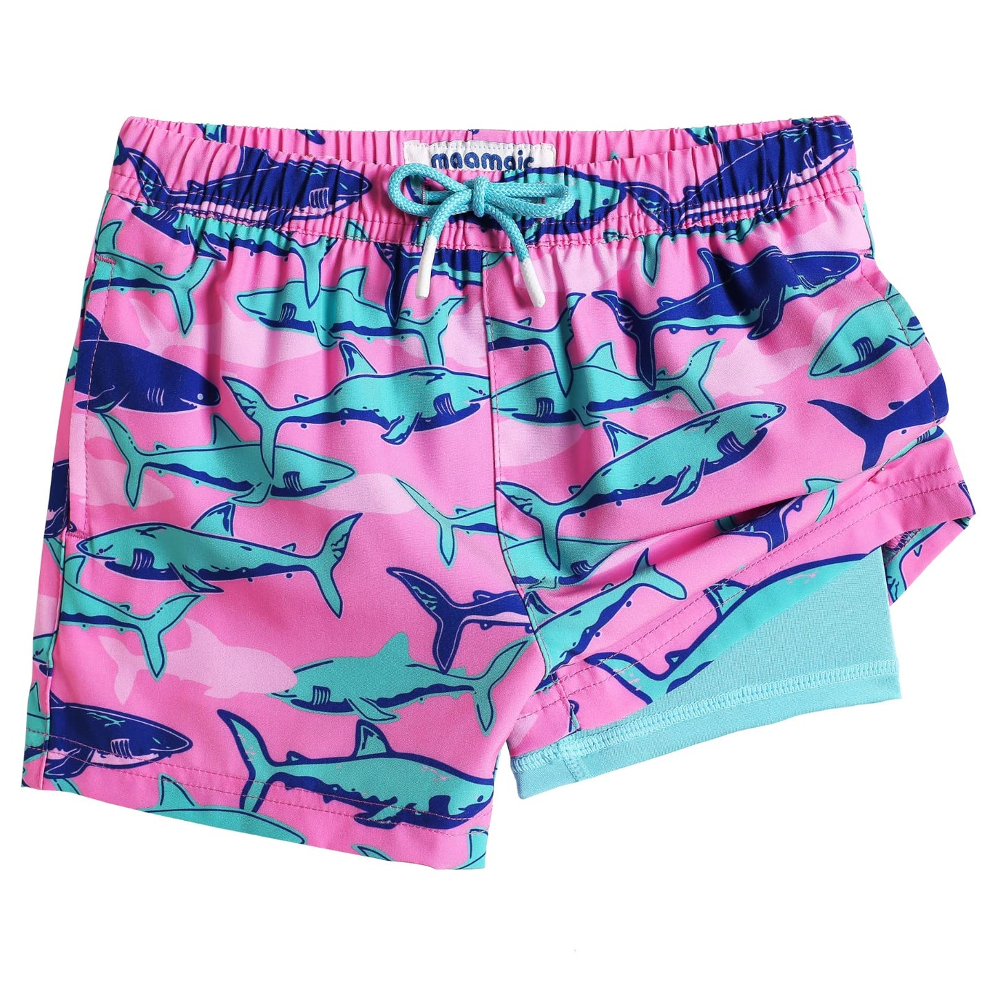 maamgic Boys Swim Trunks with Compression Liner Toddler Stretch Swim Shorts Quick Dry Swimming Trunks Boxer Brief 2 in 1 Beach Shorts Pink Blue Shark 7