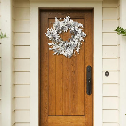 24 inch White Christmas Wreath,Winter Wreaths for Front Door with Pinecones Berries for Fireplace Xmas Decorations,Front Porch Decor and Wall Window Decor