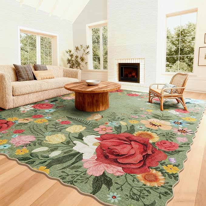 Washable Rugs for Living Room: 8x10 Area Rugs for Bedroom Soft Ultra Thin Stain Resistant Non Slip Low Pile Lightweight Vintage Floral Carpet for Dining Room Decor (Green)