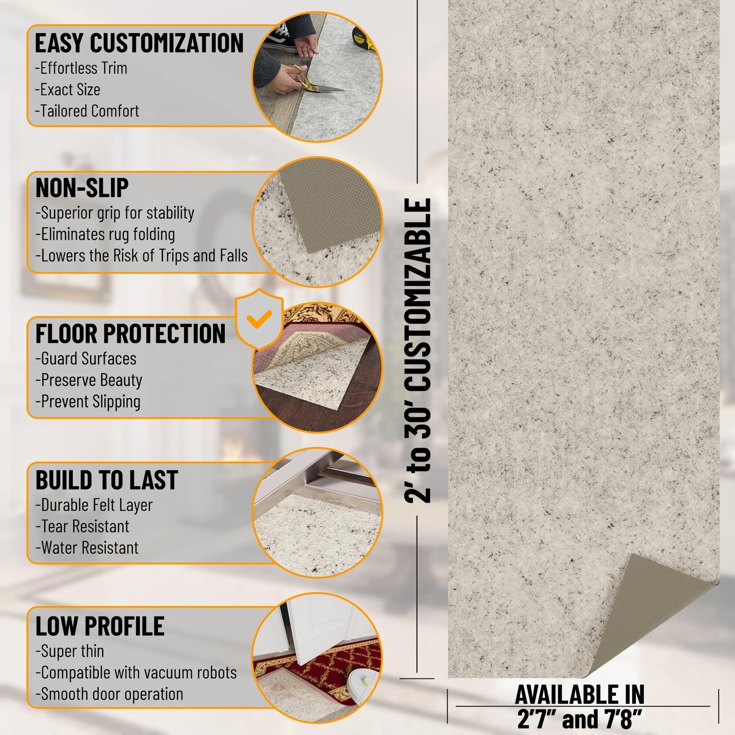 Ottomanson Non Slip Rug Pad Grip 3x11 1/8 Thick, Protection for Any Flooring Surface, Keep Your Runner Rug and Area Rugs in Place, 2'7" x 11', Beige