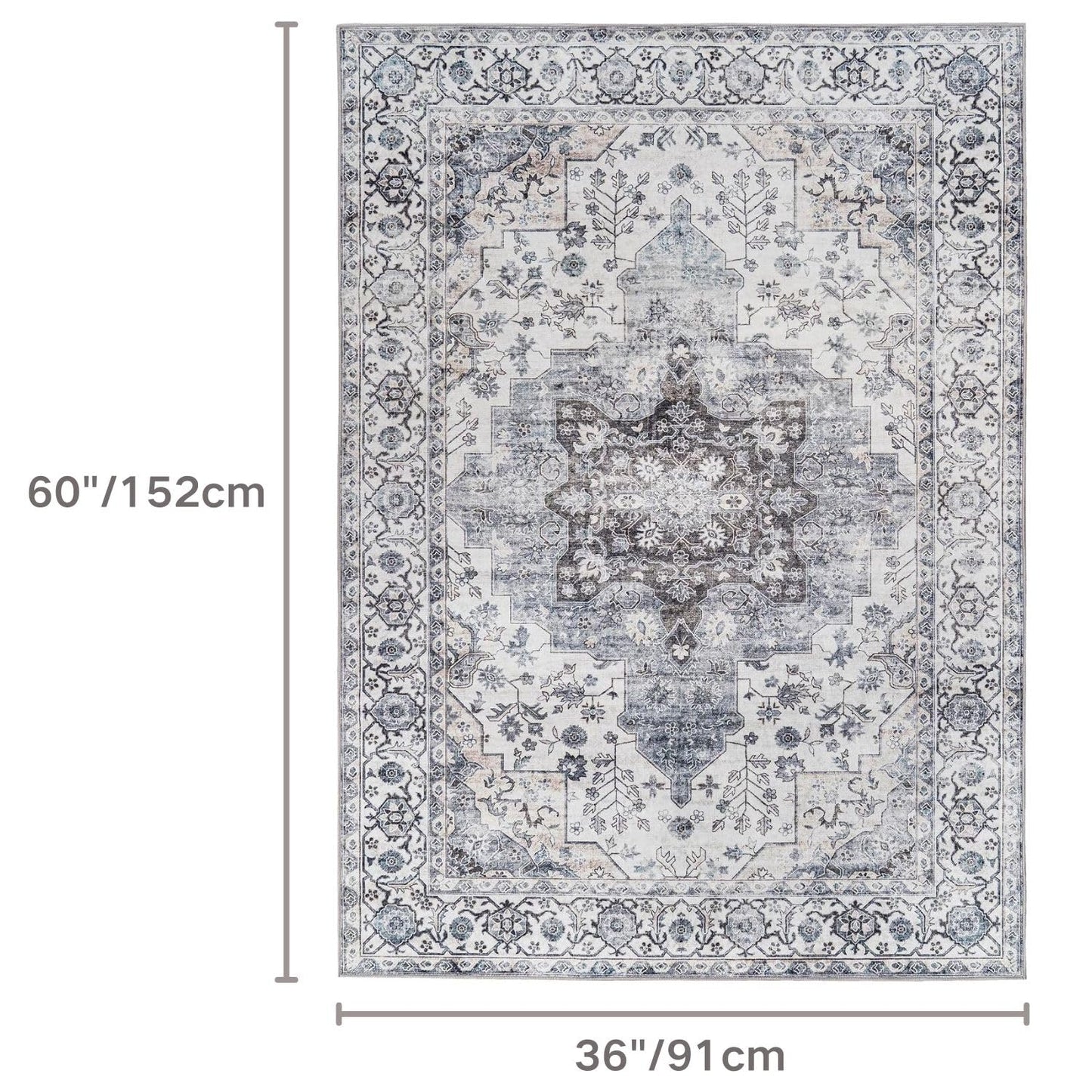 Syalife 3x5 Washable Area Rug, Ultra Soft Non-Slip, Low Pile, Stain Resistant Vintage Area Rug for Living Room, Boho Carpet for Bedroom, Dining Room, Office, Foldable Entryway Rugs, Grey/White