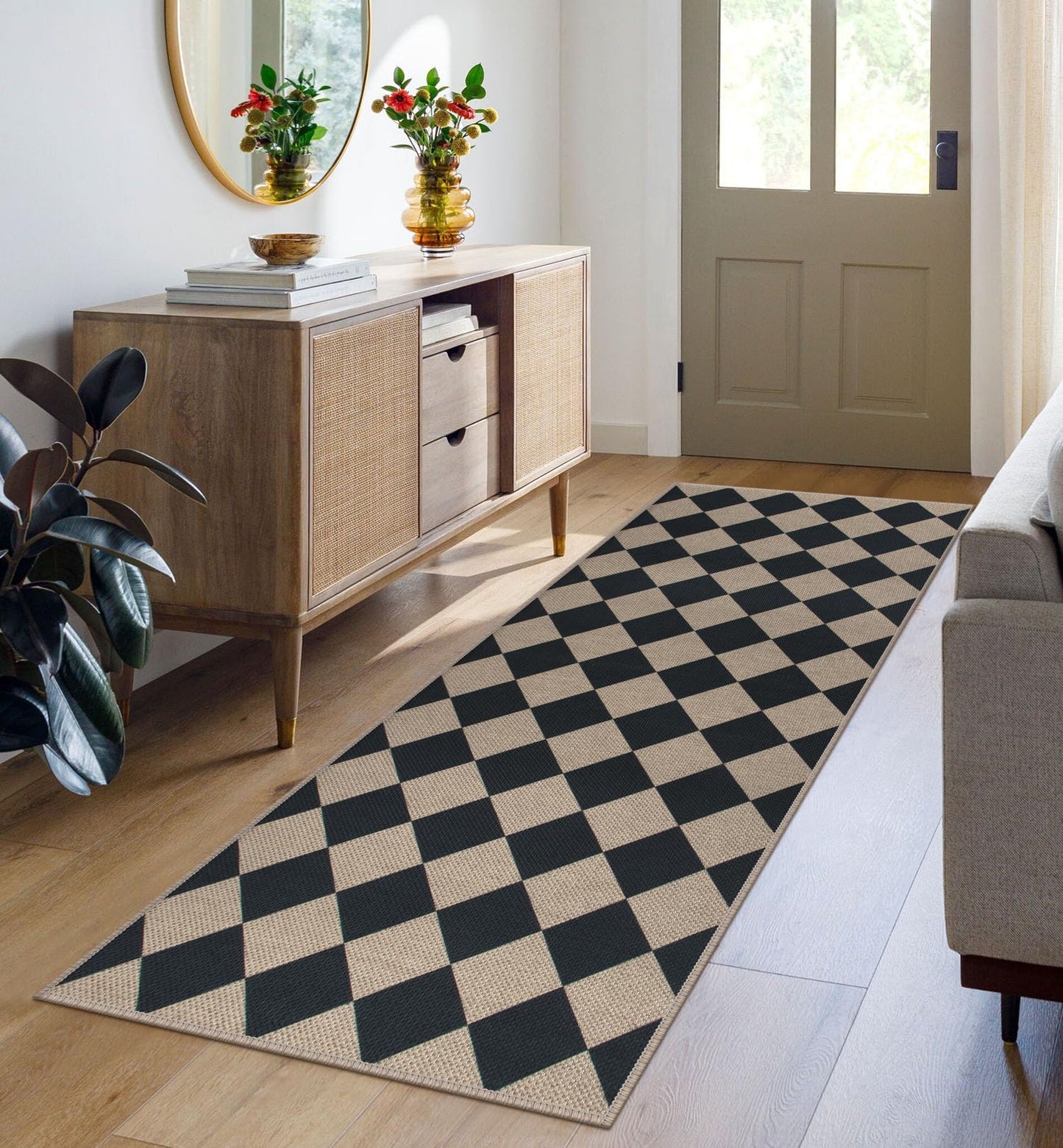 Rugalia Easy Jute Checkered Runner Rug, 2x6 Black Modern Washable Rugs Runner for Hallway Non-Slip Long Kitchen Rug, Geometric Diamond Indoor Outdoor Carpet for Porch Laundry Entryway