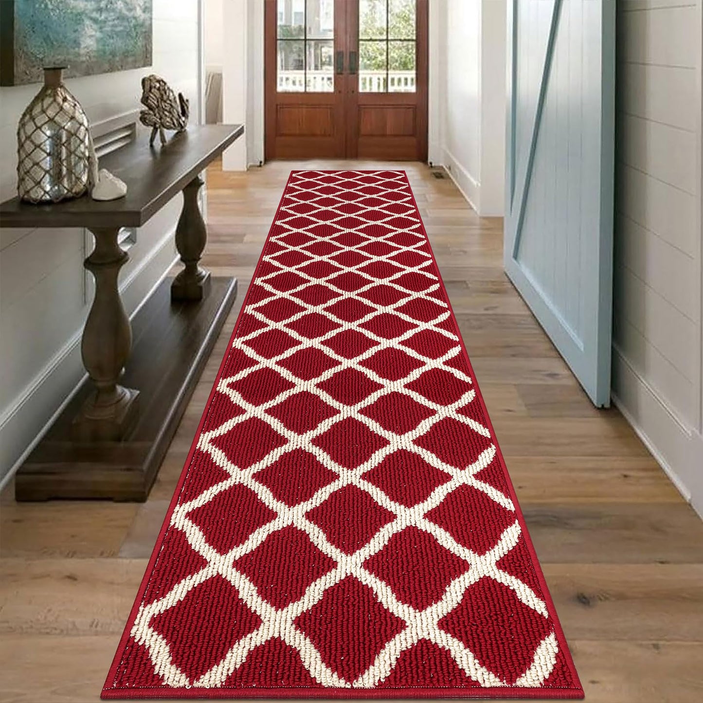 SHACOS Hallway Runner Rug 2x8 ft Washable Christmas Kitchen Runner Rugs Non Slip Rubber Backing Rug Runner Entryway Runner Laundry Room Floor Mat Trellis Carpet Runners, Red