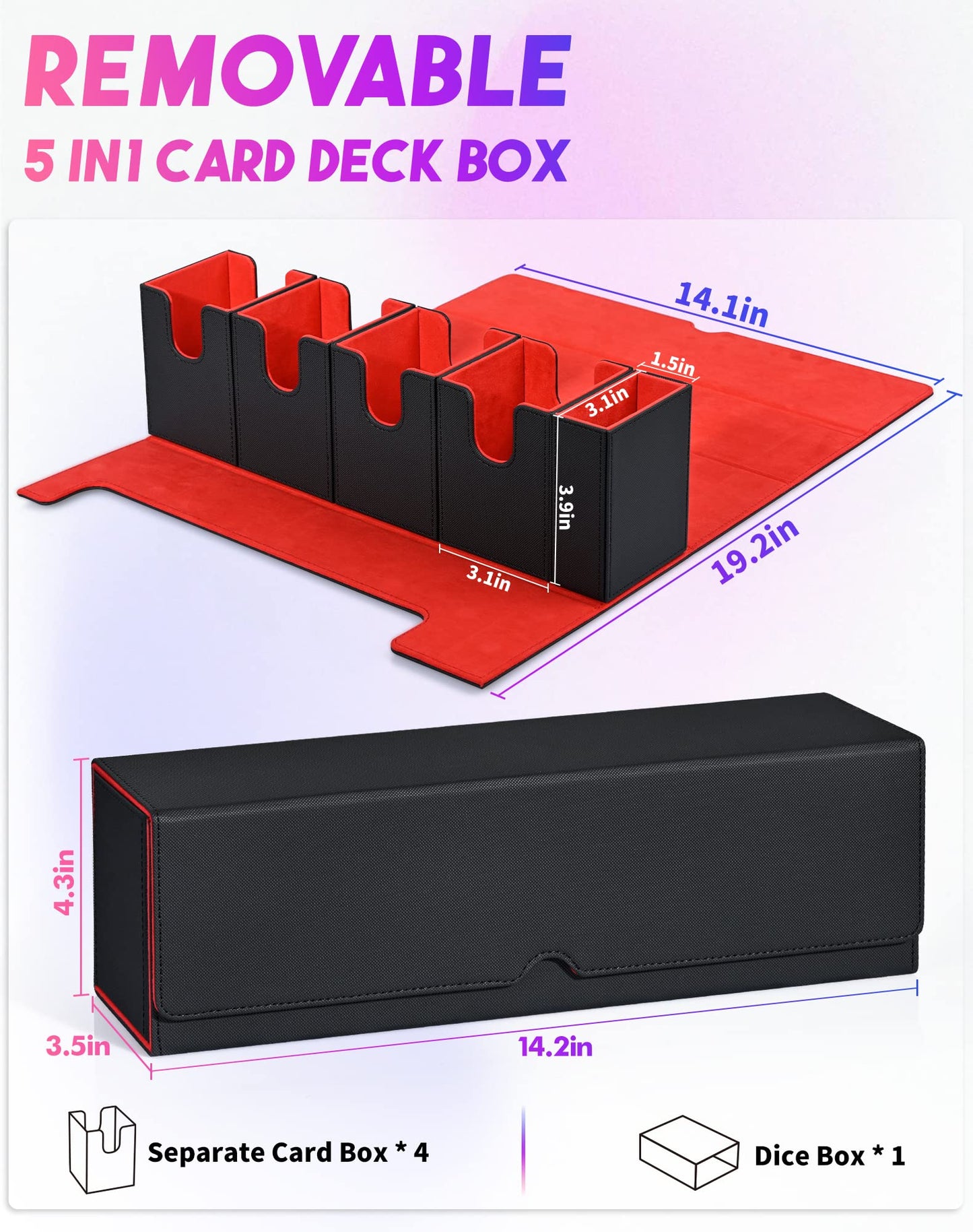 UAONO Card Deck Box with Dice Tray for MTG, 5 in 1 Card Deck Case Holds 800+ Unsleeved Cards, Strong Magnet Organizer Compatible with Yugioh TCG Sports Cards (Black Red)