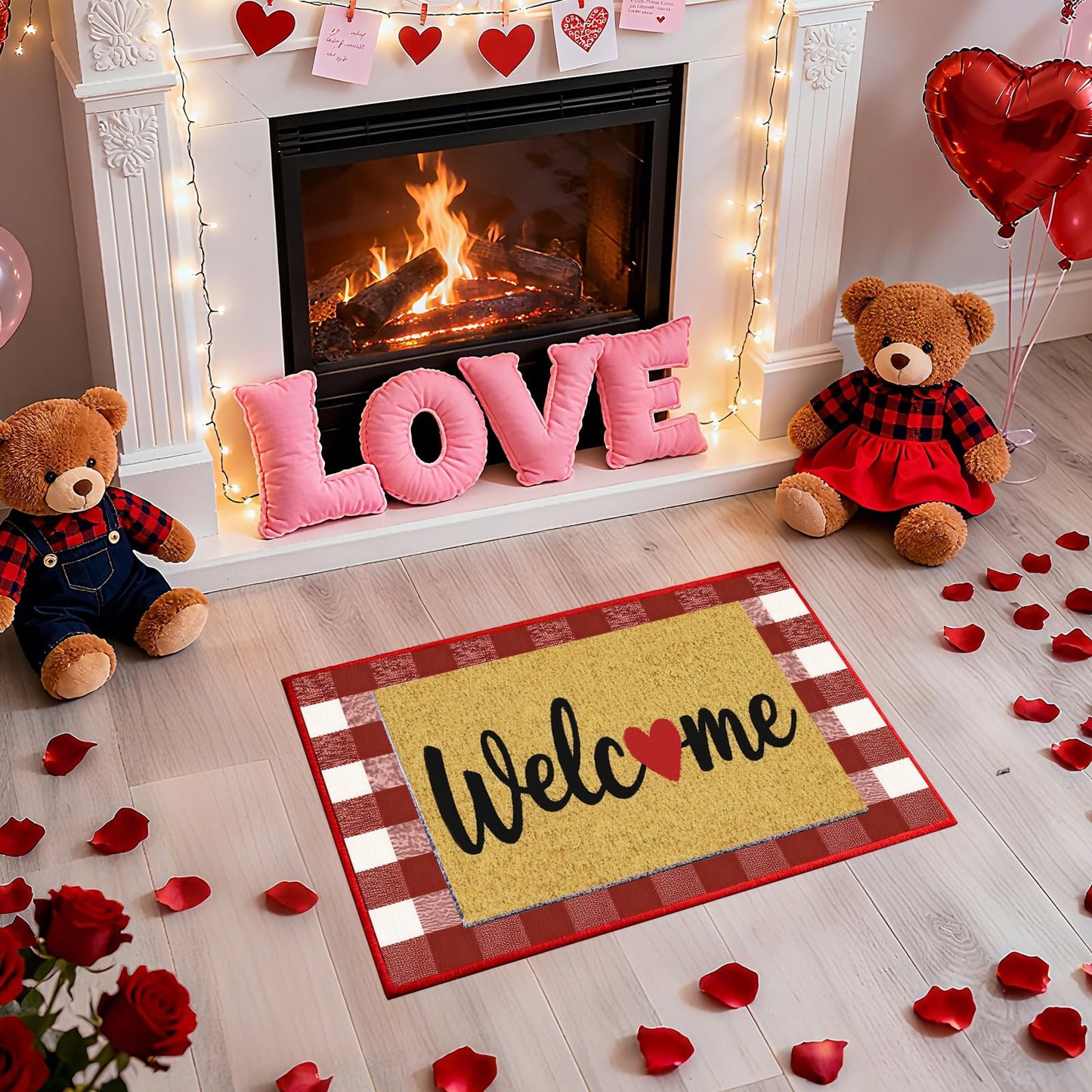 APUDWN 2 Pcs Valentines Day Welcome Doormat, Heart Welcome Door Mat Valentines Day Non Slip Coir Plaid Mat Layering Doormats Seasonal for Home Bathroom Front Porch Entryway Decor 24"x 32"