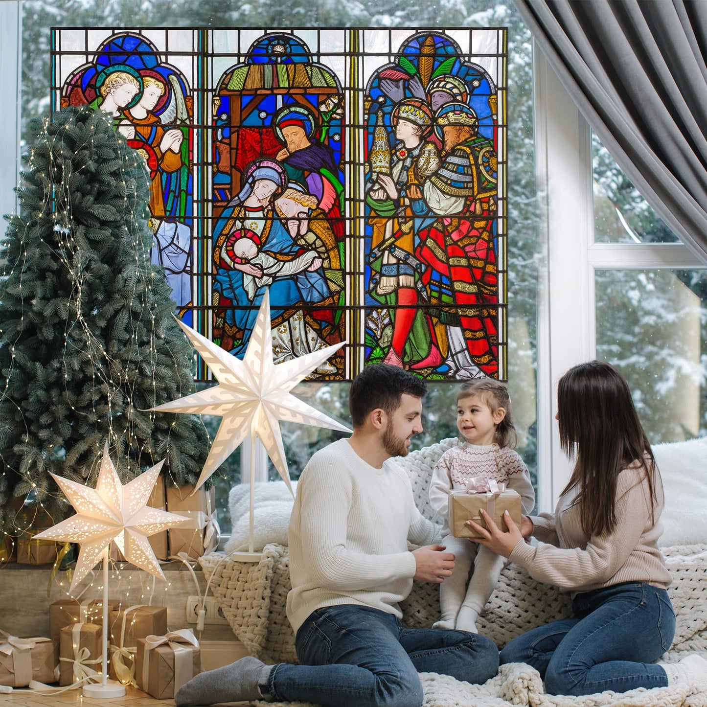 Spiareal Christmas Window Clings Nativity Decorations Reusable Non Adhesive Sticker Vinyl Religious Holiday and Door Decor Decals for Home Xmas (30.71 x 39.37 Inch)