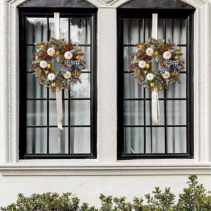 WANNA-CUL 24 inch Large Farmhouse Fall Wreath Decor for Front Door with White Pumpkin,Cotton,Lamb's Ear and Eucalyptus Leaves,Harvest Door Wreath for Autumn or Thanksgiving Decorations