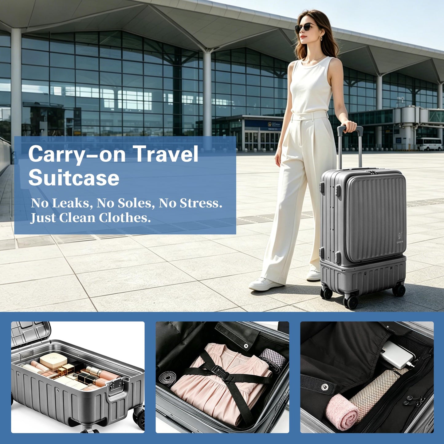 Solaraft Carry On Luggage with Shoe Compartment, 22x14x9 Airline Approved Lightweight Duffle Suitcase Wet Dry Separation, 20 Inch Spinner for Gym Swim Beach Weekend Sports Travel Men Women (Grey)