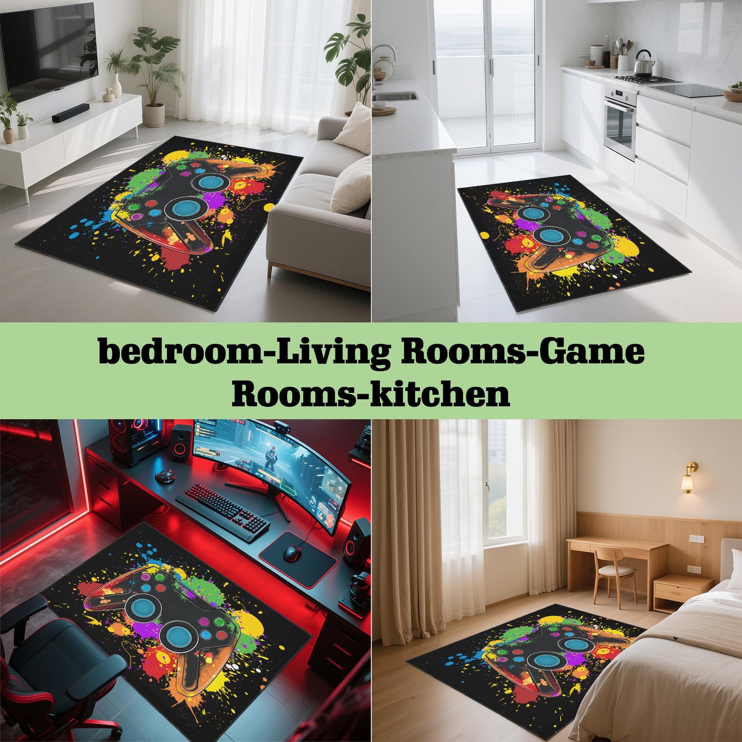 Vesocro Gaming Rug for Room,3x5 ft Non-Slip Cool Gamer Carpet for Bedroom Livingroom and Game Room Rug Decor