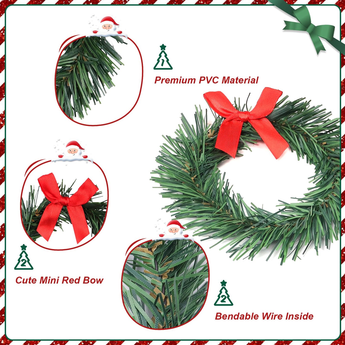 YBB 12Pcs Christmas Candle Rings with Red Black Plaid Bow, Small Artificial Wreath Candle Holder Rings, Fits 3.9 Inch Pillars Candle Tapers for Rustic Wedding Centerpiece Christmas Table Decoration