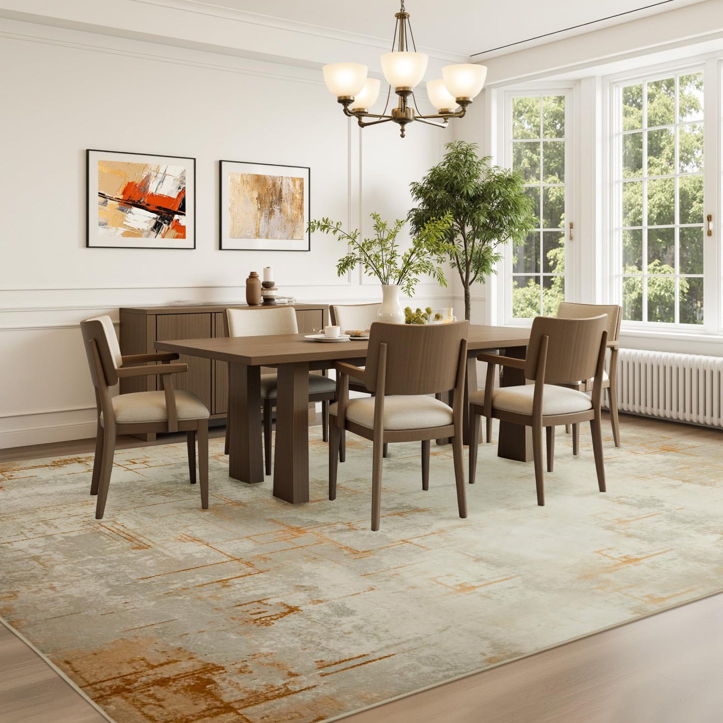 Joydeco 8x10 Area Rugs for Living Room, Washable Modern Abstract Non Slip Soft Rug, Low Pile Carpet for Bedroom, Dining Room, Home Office, Pet & Child Friendly, Light Brown & White & Beige