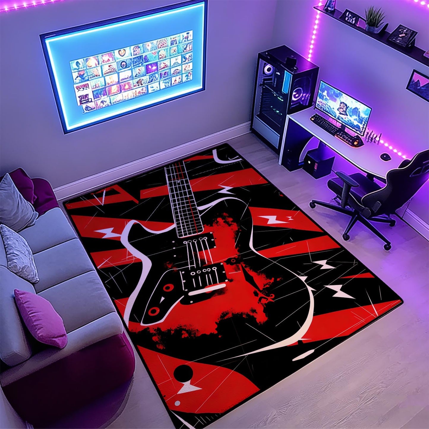 Electric Guitar Area Rug, Guitar Area Rug, Musical Theme Rugs, Faux Cashmere Washable, American Guitars Music Instrument Carpet for Studio, Living Room, Bedroom (5' x 7' (Rectangular))