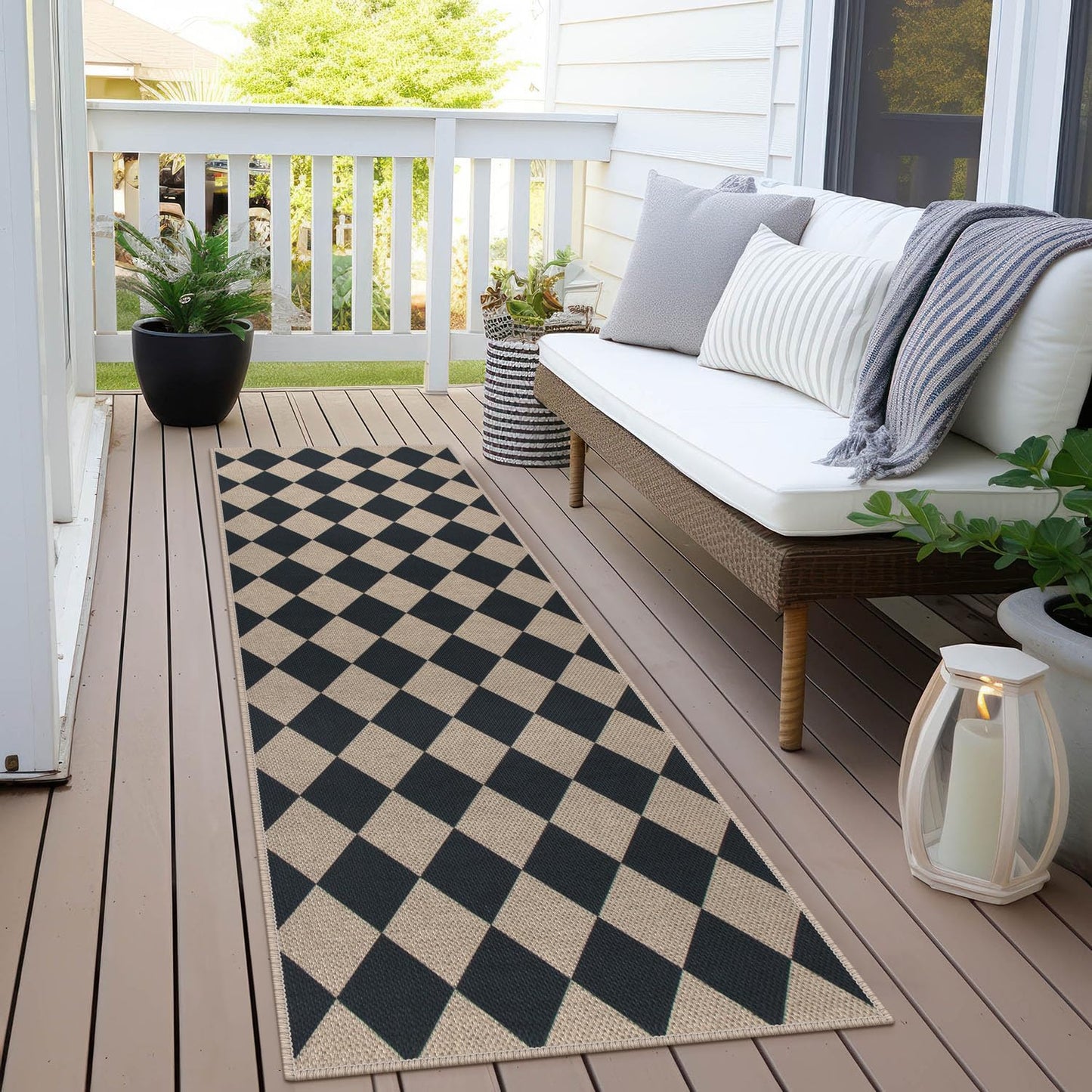 Rugalia Easy Jute Checkered Runner Rug, 2x6 Black Modern Washable Rugs Runner for Hallway Non-Slip Long Kitchen Rug, Geometric Diamond Indoor Outdoor Carpet for Porch Laundry Entryway