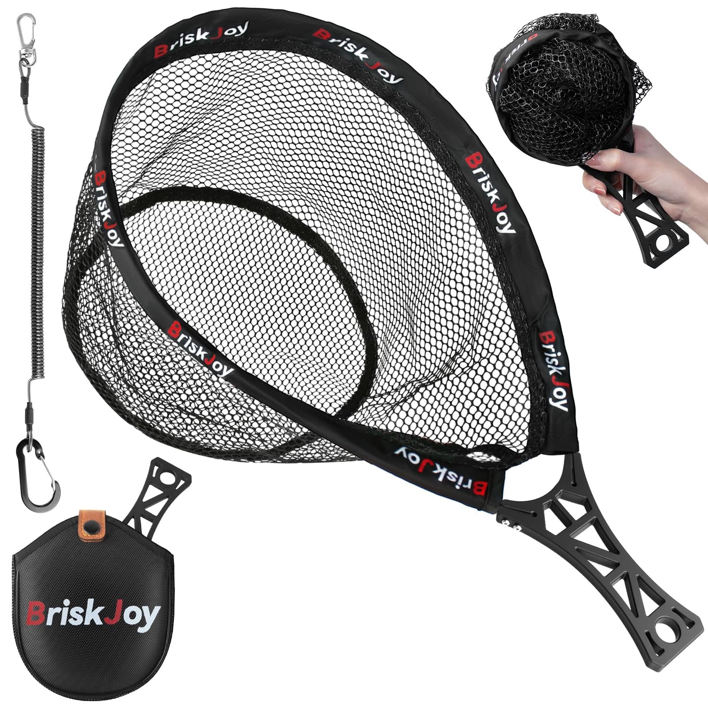 BriskJoy Fly Fishing Net – Foldable Trout Net for Tenkara, Kayak & Wading, Ultralight Hiking & Backpacking Landing Net with Rubber Coated Mesh for Catch and Release, Includes Storage Bag & Lanyard