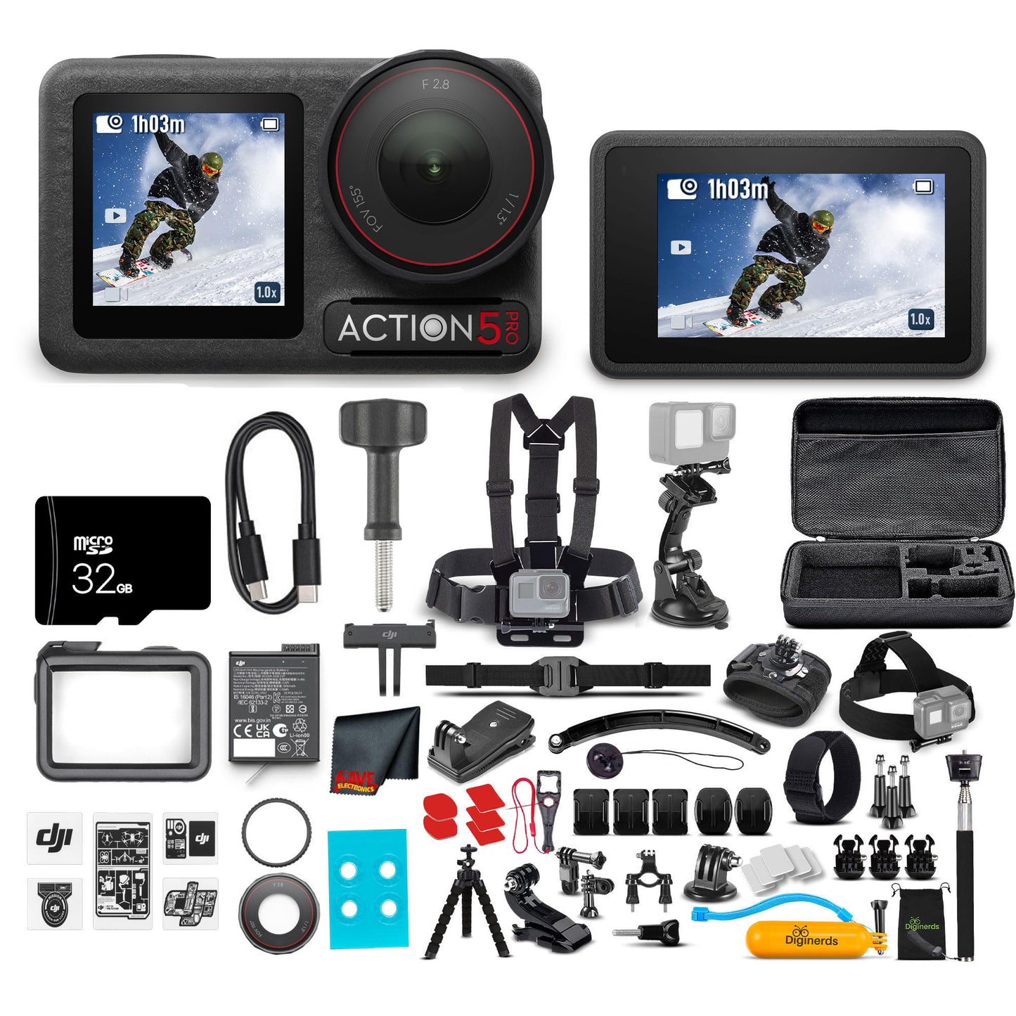 DJI Osmo Action 5 Pro Essential Combo - Action Camera Waterproof with 4K UHD Video, 1/1.3" Sensor, Dual Screens, Stabilization, for Vlogging, Sports & Travel + 32GB Card & 50 Piece Accessory Kit