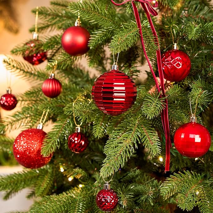 JORNOY Christmas Tree Ornaments Set, 47 Pack Assorted Shatterproof Hanging Balls Decorations, Plastic Bulbs Bulk with Lanyard for Home Holiday Party Decor, 3-Sizes (Red)