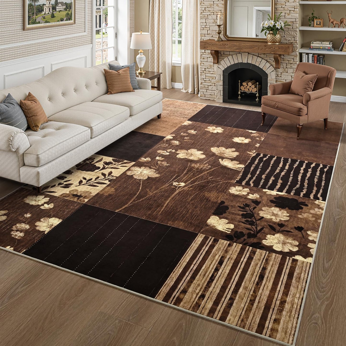DweIke Area Rugs 4'x6' Washable Dark Brown Rug for Living Room, Non-Slip Modern Geometric Patchwork Stain Resistant Indoor Throw Carpet for Bedroom Dining Room Farmhouse Office Decor