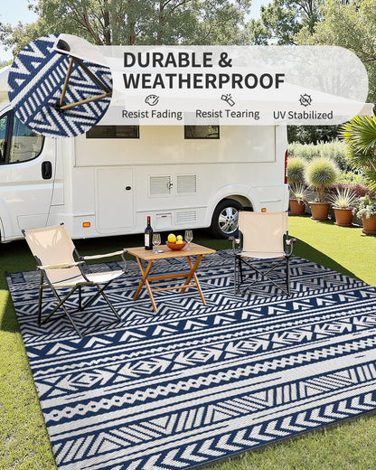 MontVoo-Outdoor Rug Carpet Waterproof 5x8 ft Reversible Patio Rug RV Camping Rug-Plastic Straw Rug Outside Indoor Outdoor Area Rug for Patio Deck Balcony Picnic Beach Outdoor Decor Boho Navy Blue
