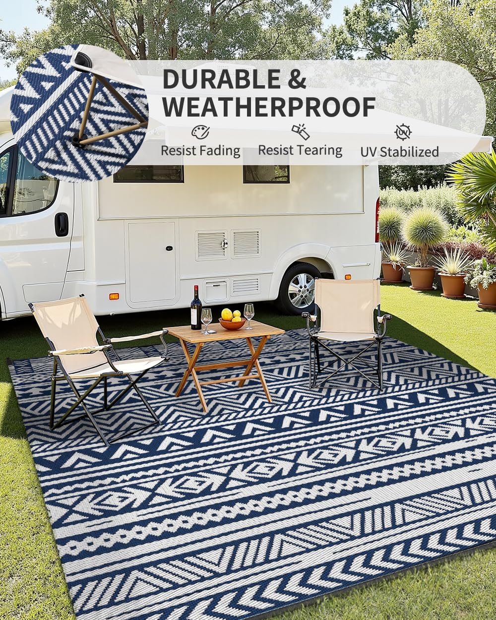 MontVoo Outdoor Rug 8x10 Waterproof Outdoor Patio Rug Mat Reverisble Plastic Straw Outdoor Rug for RV Camping Picnic Beach Balcony Boho Navy Blue