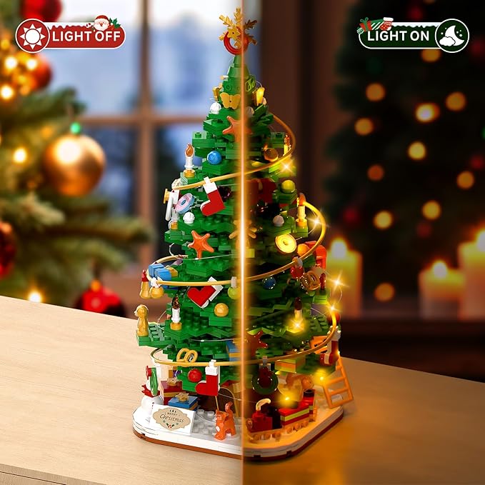 Christmas Tree with LED Light Building Blocks Compatible with Lego Christmas Ornaments Set for Tabletop Home Wreath Snowflake Xmas Decoration Stocking Stuffers Toy for Boys Girls Adults